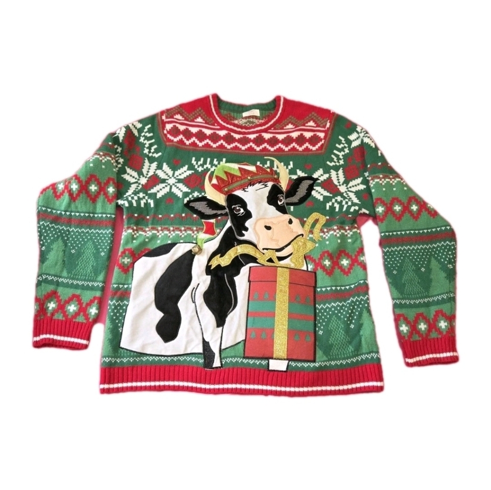Holiday Time Cow Print Sweater - Red, Green, and White